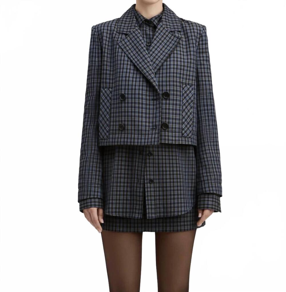 NEW DEREK LAM mini plaid rayon cropped double breasted jacket in navy/grey